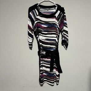 Daisy Fuentes Women's Size PM Multicolor Belted A Line Dress 3/4 Sleeve